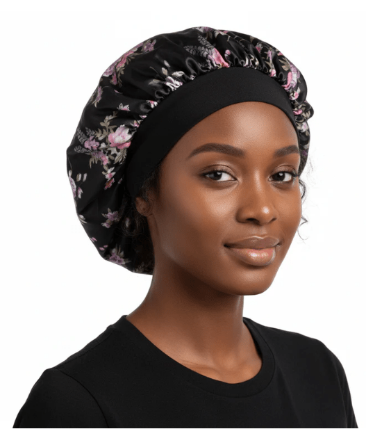 Satin Bonnet, black, floral printed
