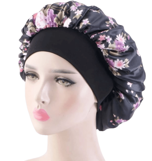 Satin Bonnet, black, floral printed