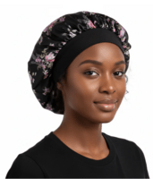 Satin Bonnet, black, floral printed